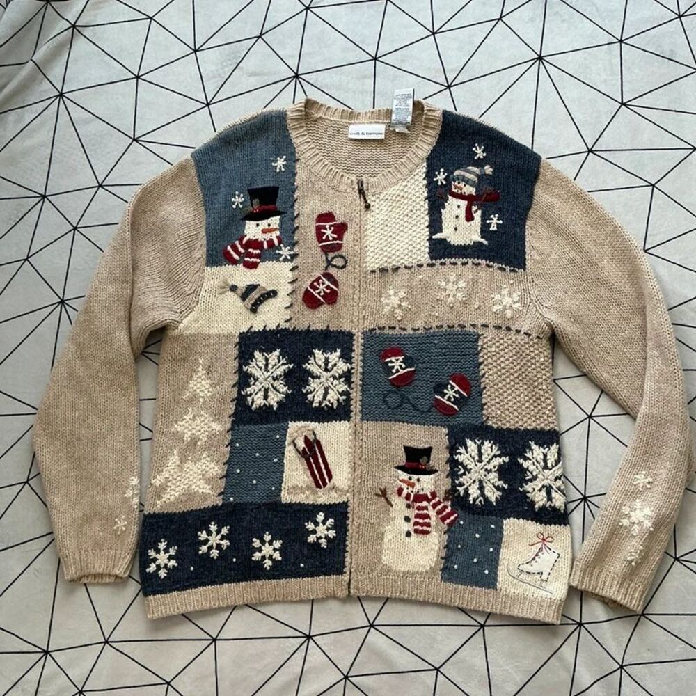 Vintage Christmas Cardigan Snowman Zip Knit Angora M